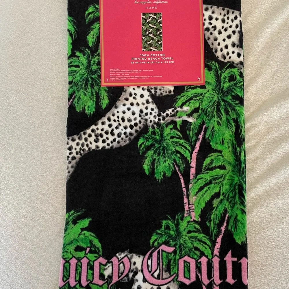 New! Juicy Couture Leopard/Pink Palm Printed Cotton Logo Beach Towel 68”x38”💖🌴